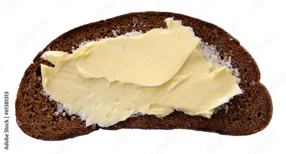 Slice of rye bread with butter, isolated on white Slice of rye bread with butter, isolated on white