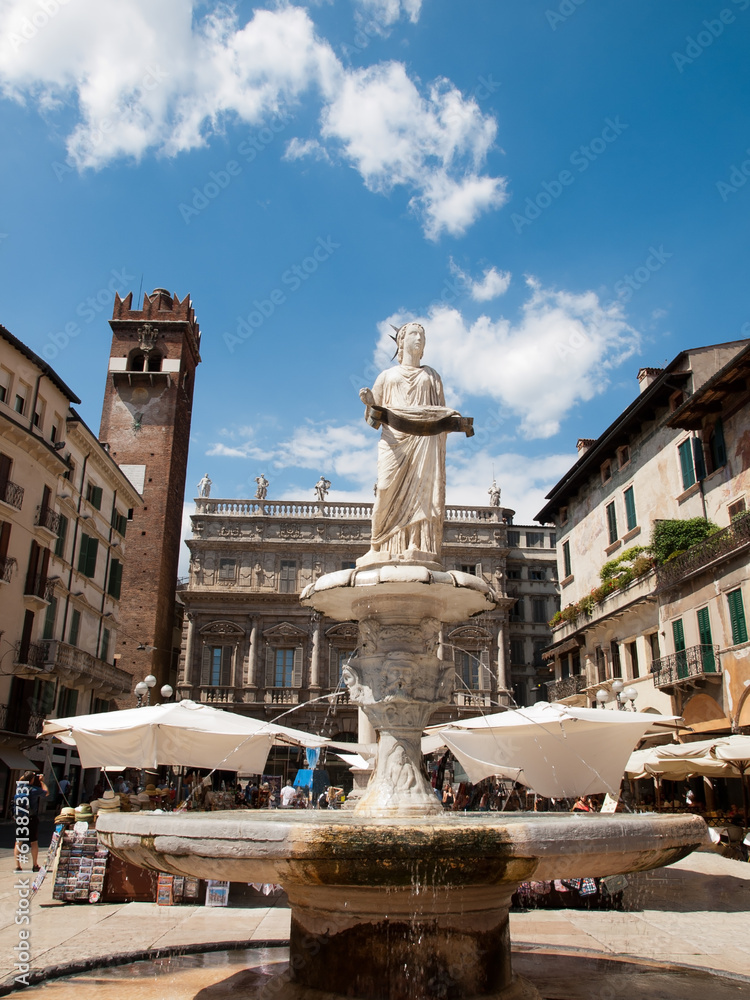 Verona,The Madonna Verona fountain on Erbe Square.