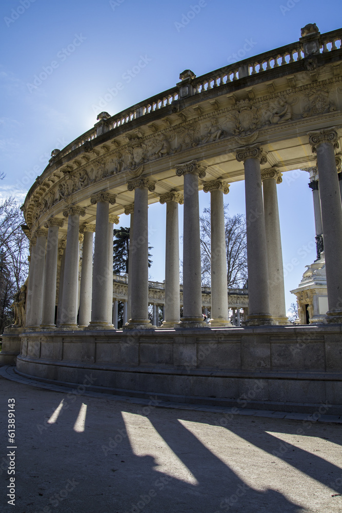 Madrid famous Retiro Park in the early morning.Monument to Alons