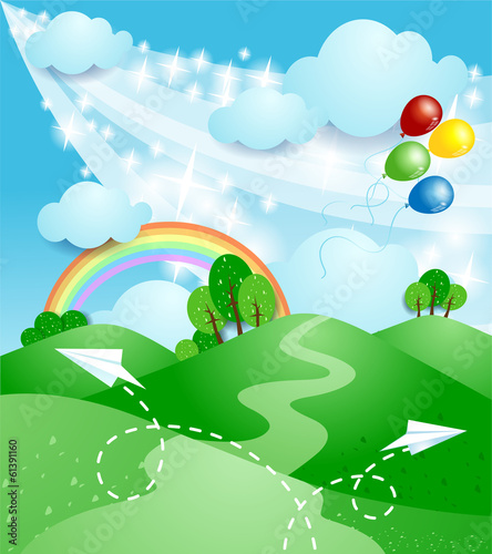 Spring landscape with rainbow