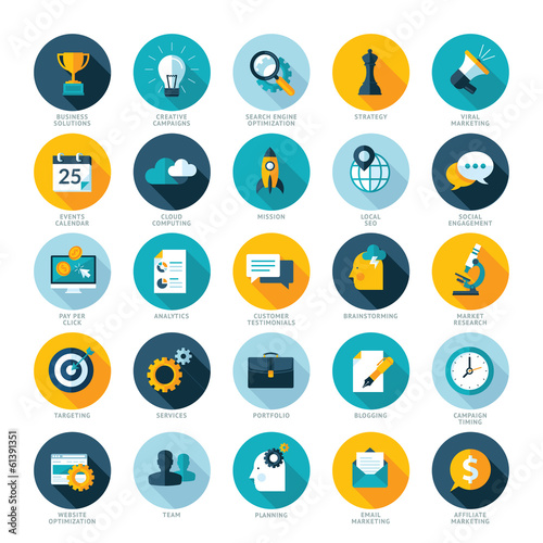 Flat design icons for Business, SEO and Social media marketing