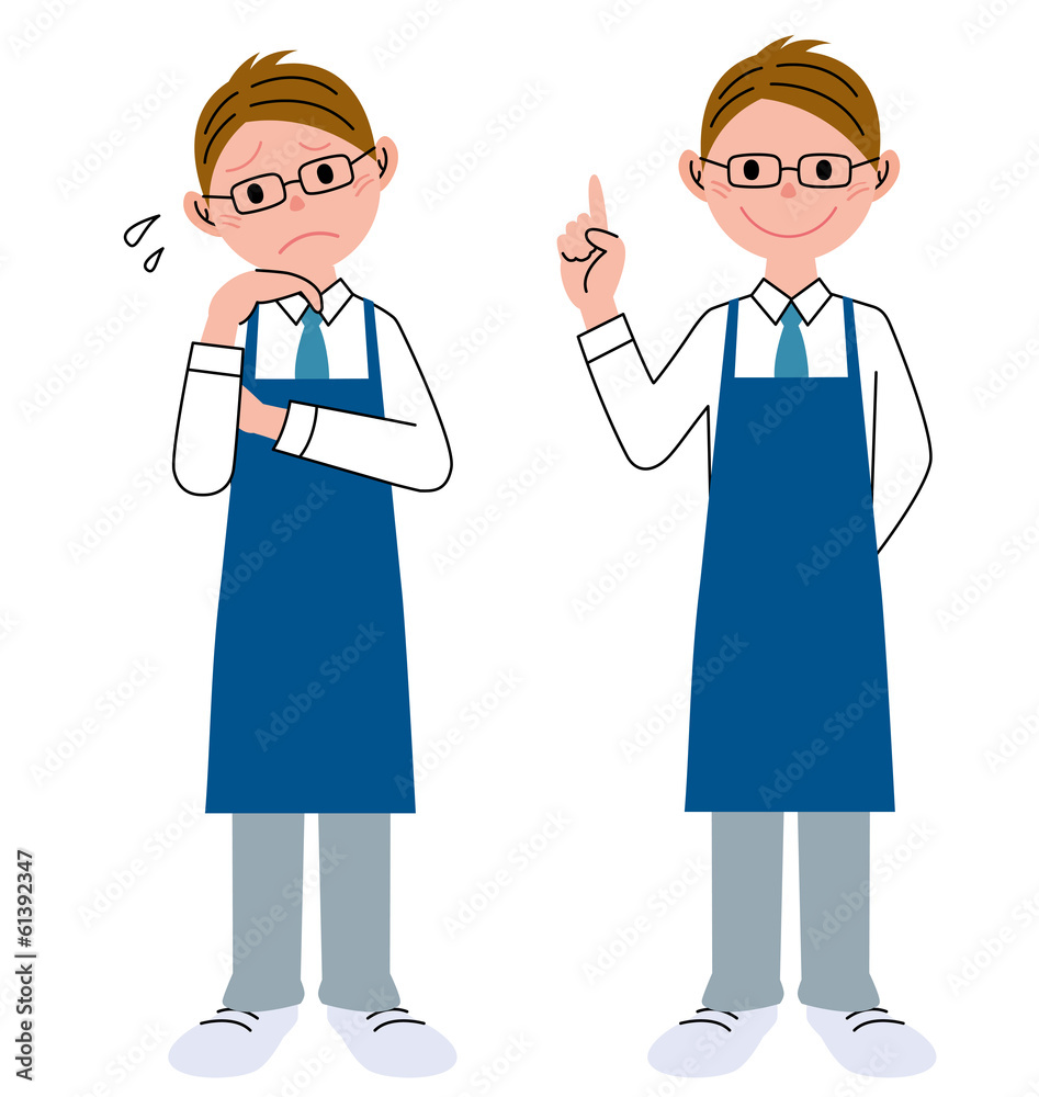 男性　エプロン　メガネ　考える