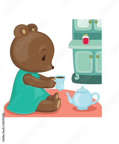 Teddy bear tea time. Vector illustration with clipping mask