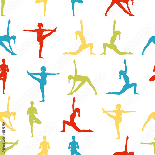 Colorful seamless background with girls in yoga poses