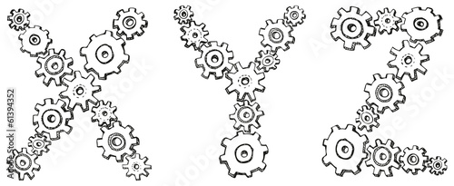 Vector alphabet of caricature letters from spinning gears