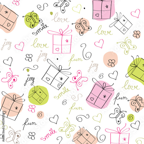 hand draw texture - seamless pattern with hearts, gifts, butterf