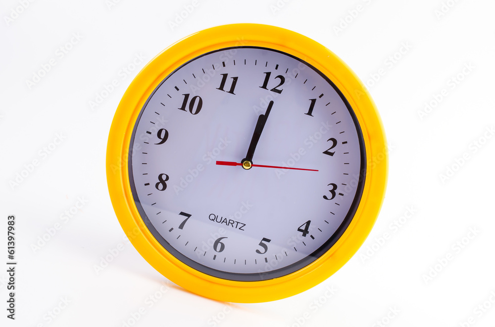 Yellow clock alarm isolated on white background