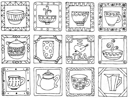 Tea cups and pots frame unique design.