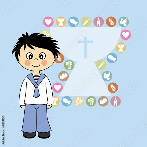 First Communion Invitation Card. child with chalice