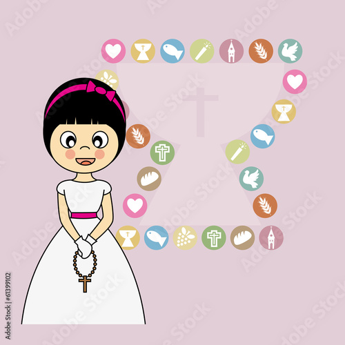 First Communion Invitation Card. Girl with chalice