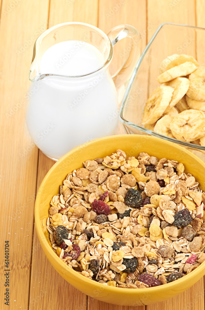 Delicious and healthy cereal in bowl with milk