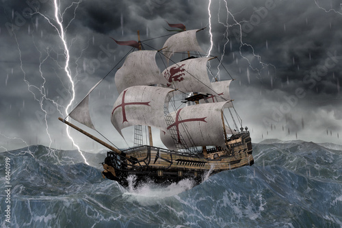 3D Segelschiff Galeone in stürmischer See photo