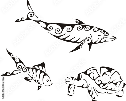 Dolphin, fish and turtle in tribal style
