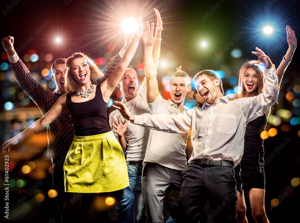 Cheerful group of young people dancing at party - obrazy, fototapety, plakaty 