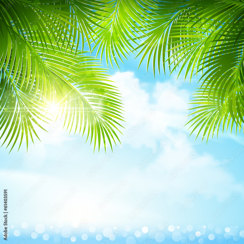 Fototapeta premium Palm leaves with bright sunlight. Vector