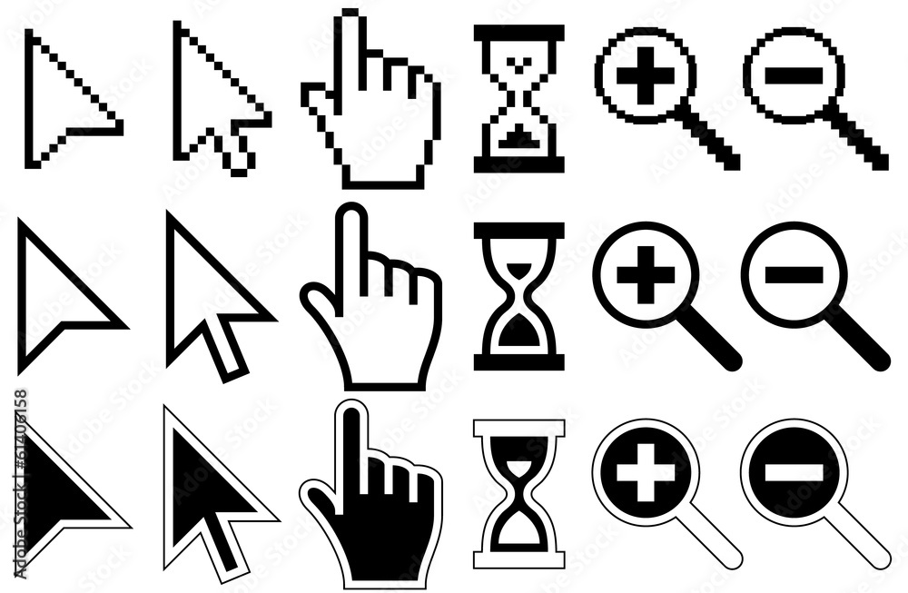 Pixel Cursors Icons, Mouse, Hand, Arrow, Hourglass, Magnifier Gl - obrazy, fototapety, plakaty 
