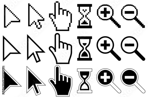 Pixel Cursors Icons, Mouse, Hand, Arrow, Hourglass, Magnifier Gl