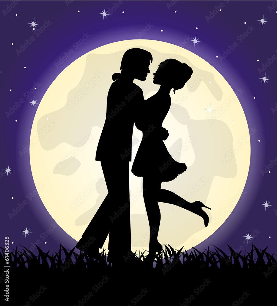 silhouettes of a loving couple standing in front of the moon Stock ...