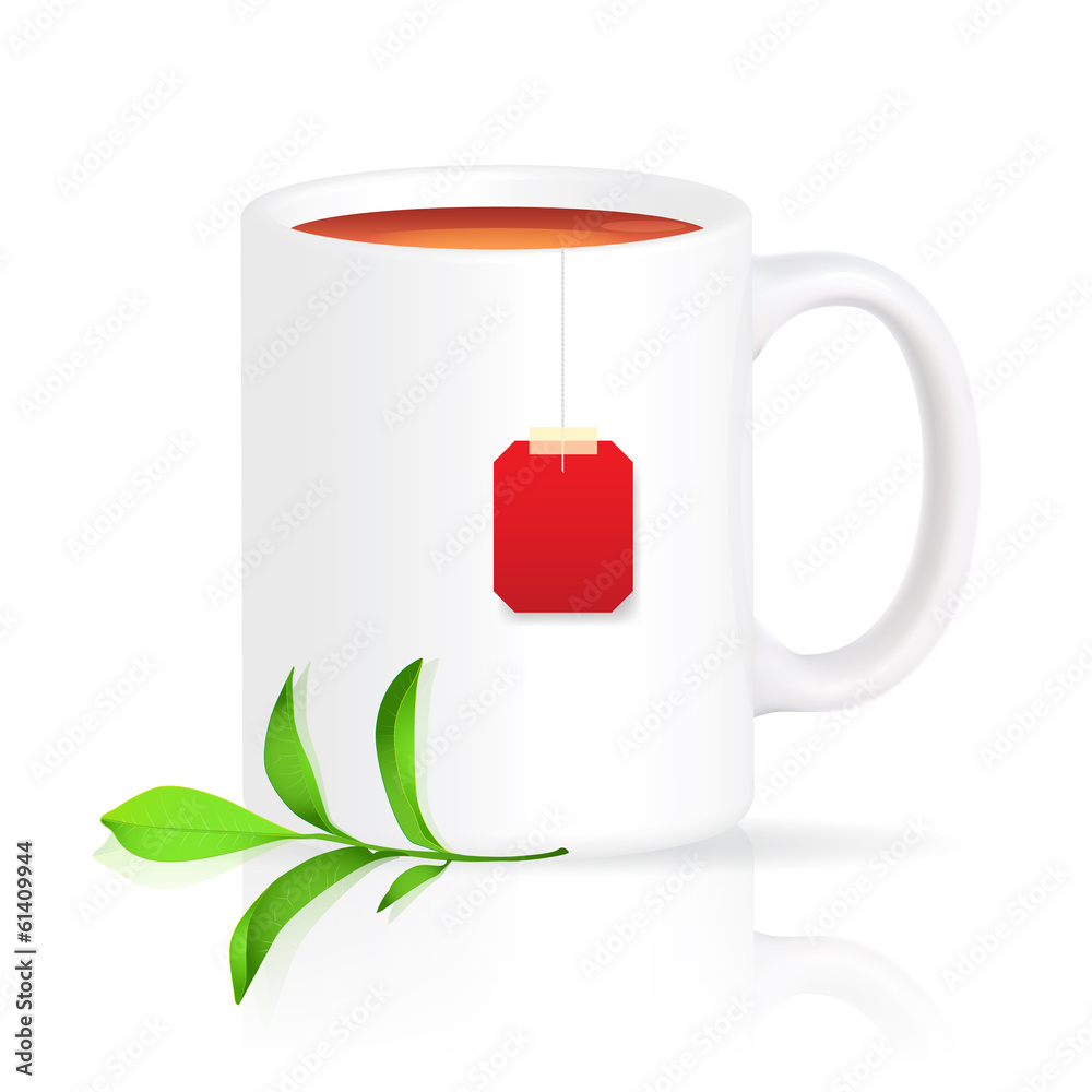 Cup of tea with red teabag and green branch isolated on white Cup of tea with red teabag and green branch isolated on white