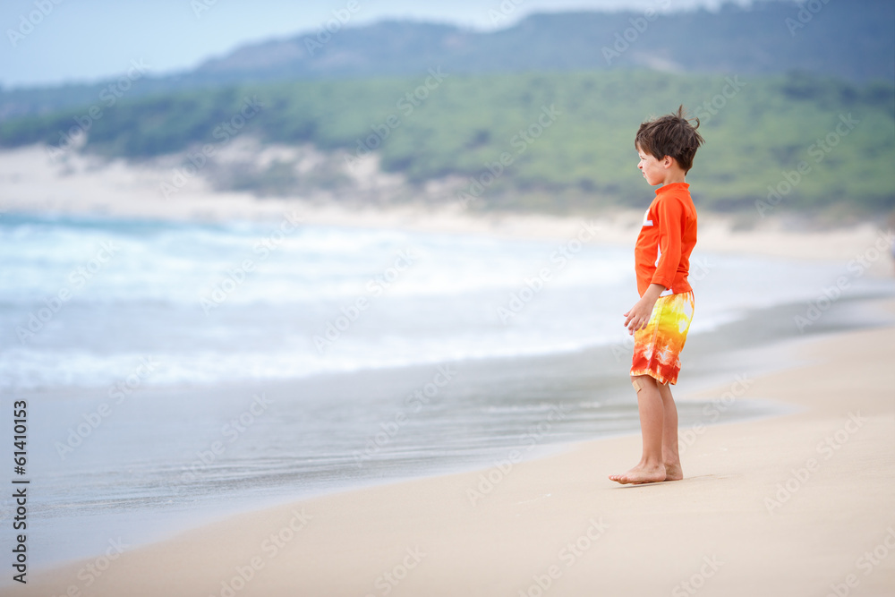 Six years old boy playing on exotic beach