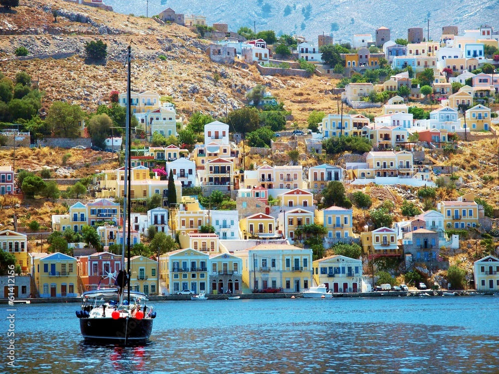 Greece icon - Symi island - obrazy, fototapety, plakaty 