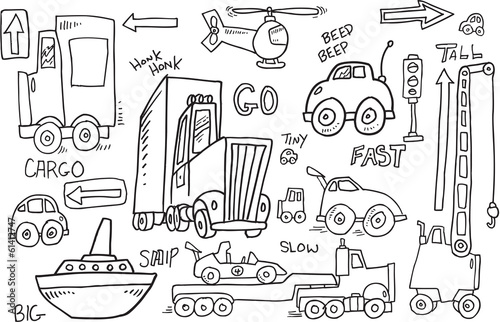 Cute Transportation Doodle Vector Illustration Set