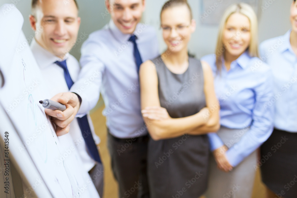 Obraz premium smiling business team with charts on flip board
