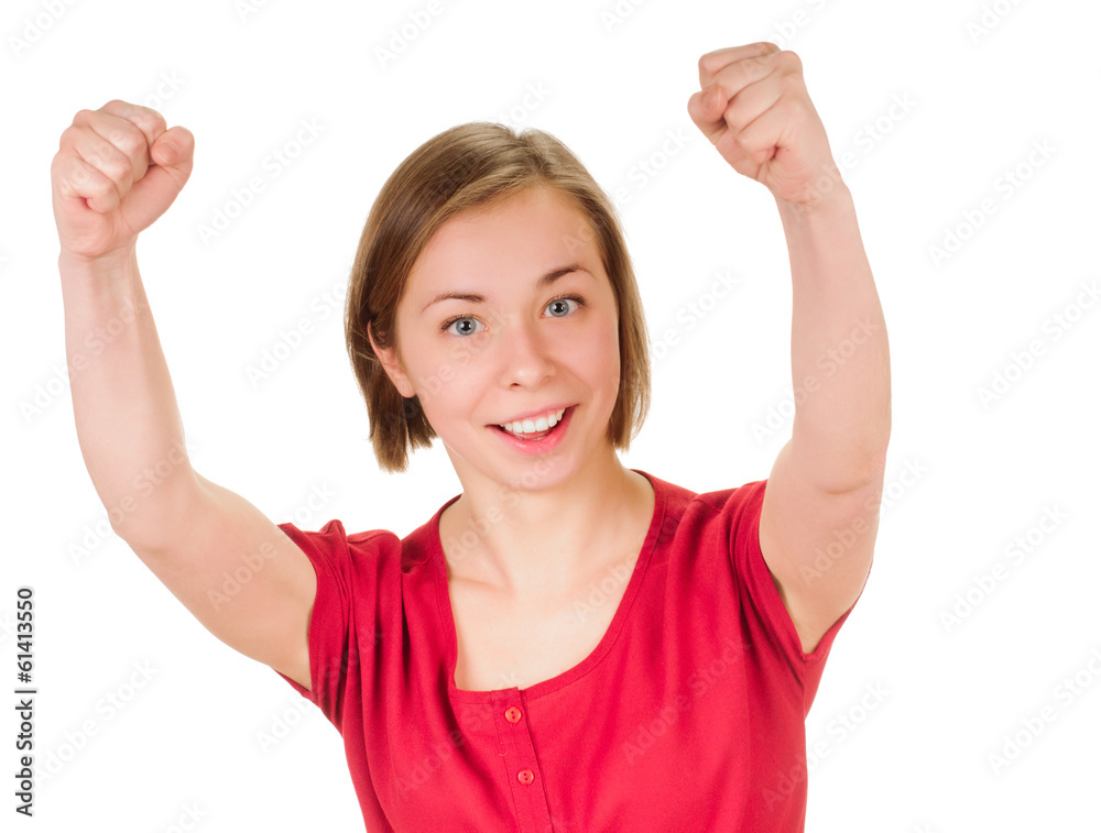 young woman shows sign and symbol on white background young woman shows sign and symbol on white background