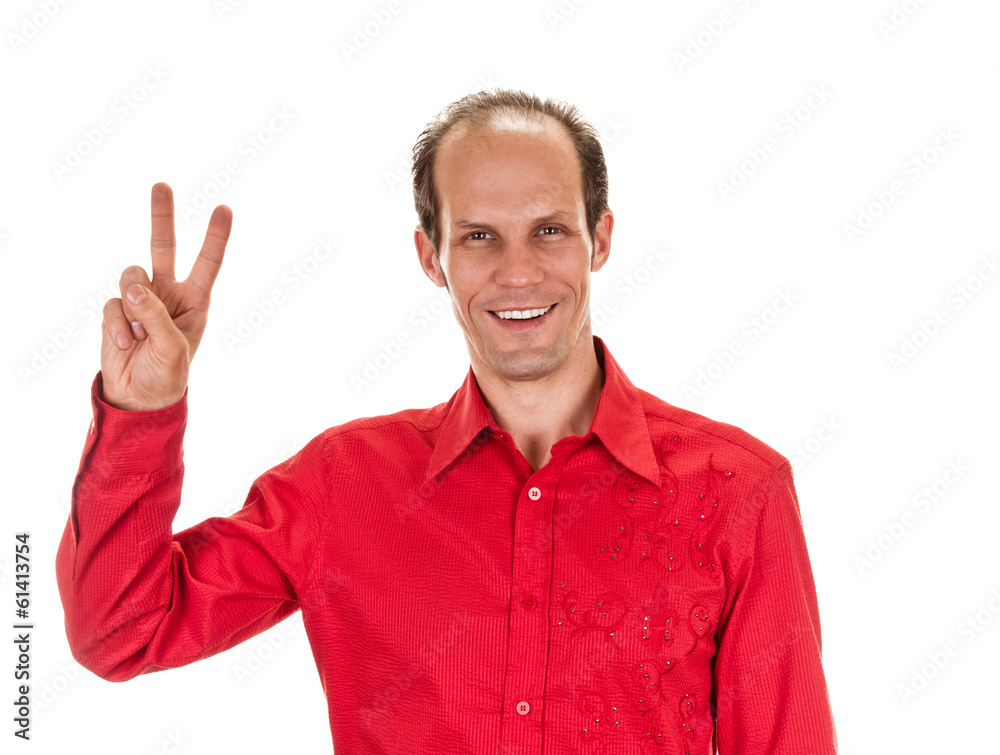 young man shows sign and symbol by hands on white background young man shows sign and symbol by hands on white background