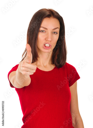 young woman showing negative sign on white background