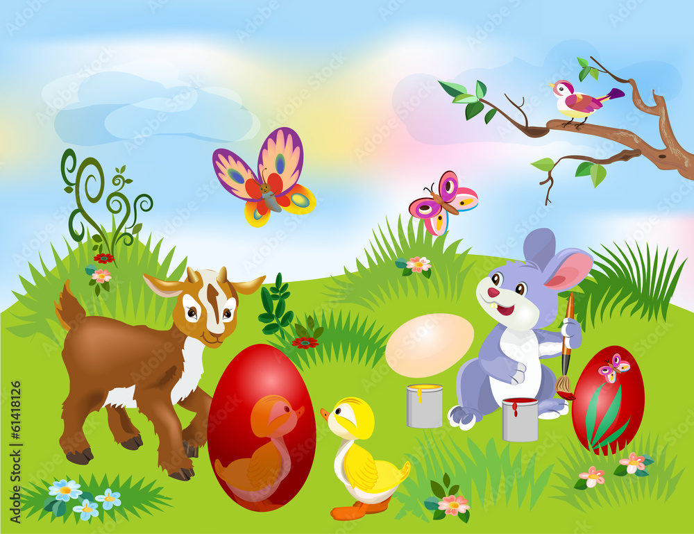 Fototapeta premium Illustration of an Easter Bunny painting an egg