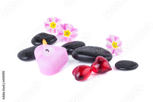 Red Hearts with Spa Stones and burning Candle