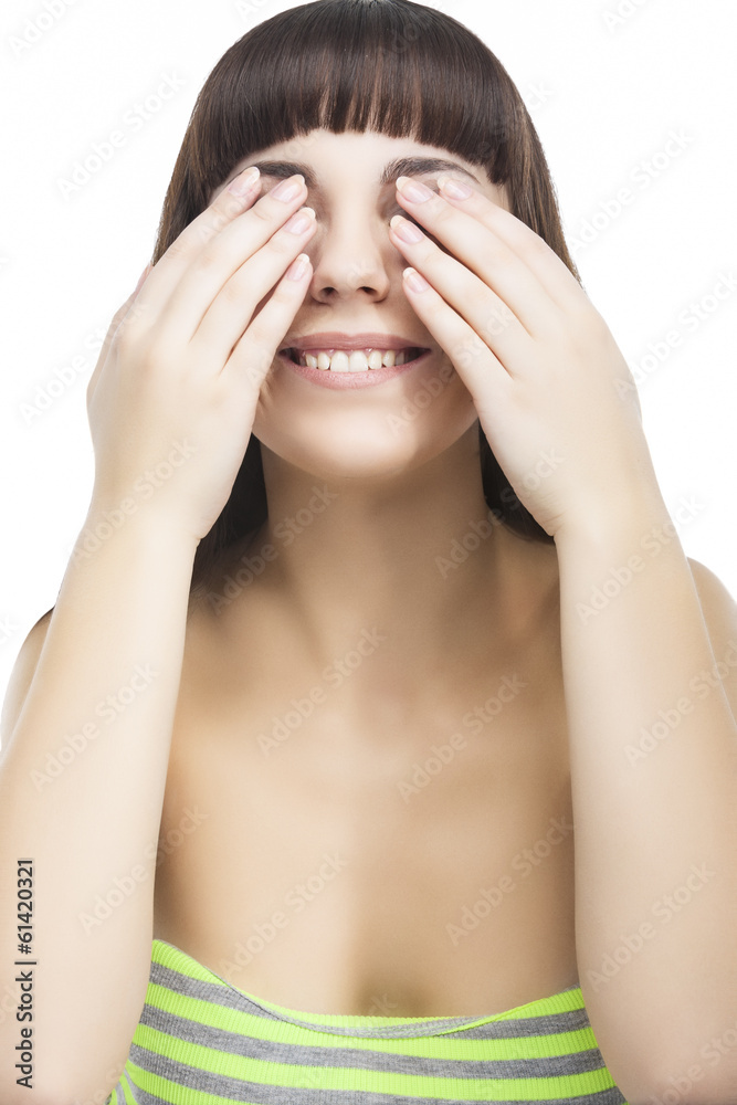 Portrait fo Young woman Closing Her Eyes with Hands Portrait fo Young woman Closing Her Eyes with Hands