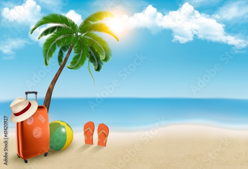 Vacation background. Beach with palm tree, suitcase and flip flo © ecco