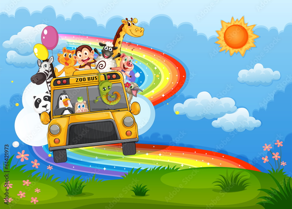 Naklejka premium A zoo bus at the hilltop with a rainbow in the sky
