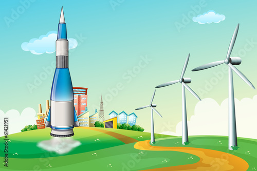 A rocket at the hilltop with windmills