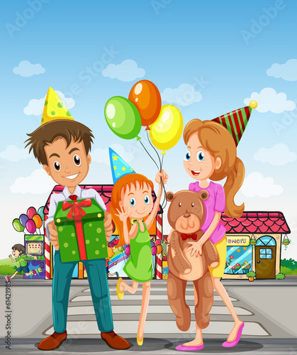A happy family at the pedestrian lane