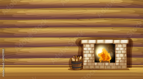 A fireplace near the wooden wall