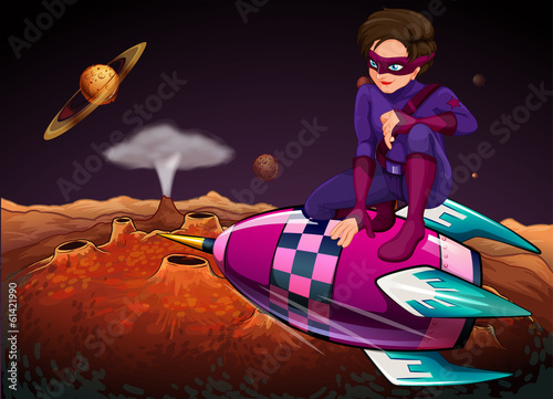 A superhero at the outerspace above a spaceship