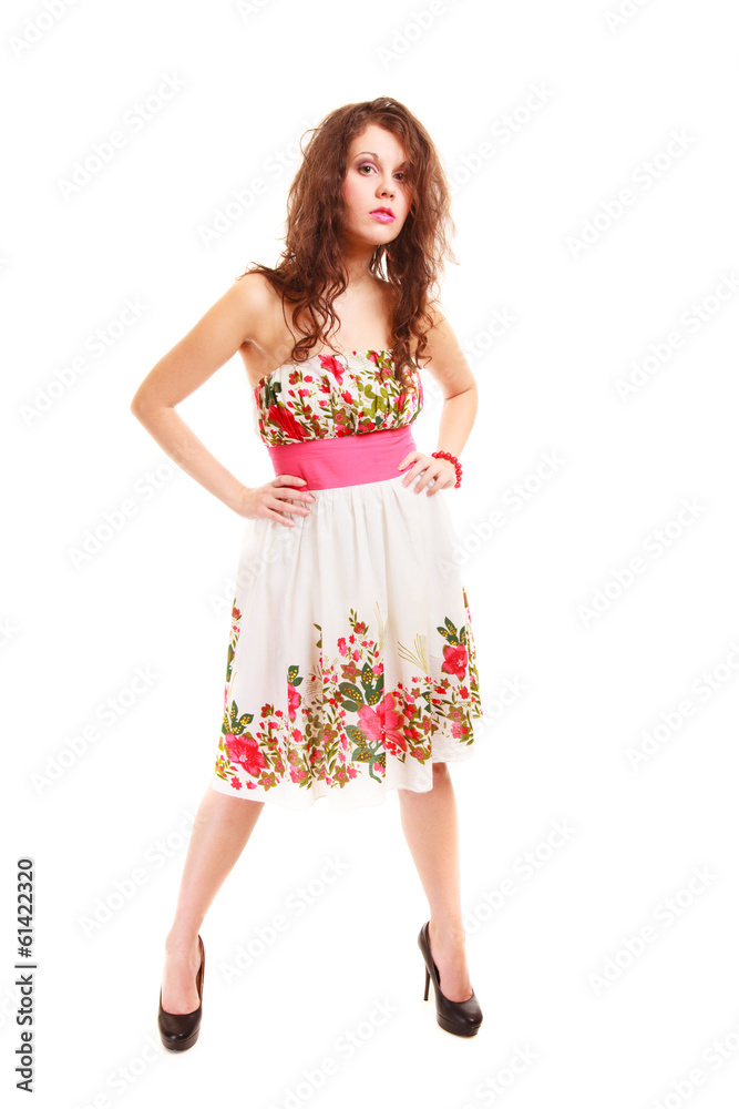 Full length woman girl in summer floral dress isolated. Fashion. Full length woman girl in summer floral dress isolated. Fashion.
