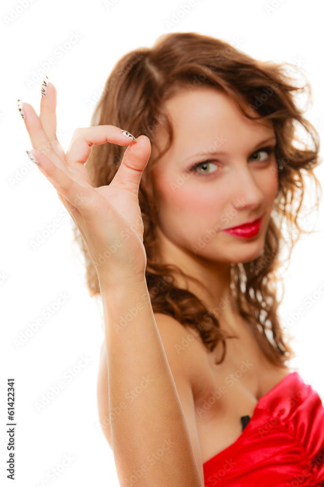 Happy smiling woman with showing ok sign gesture isolated Happy smiling woman with showing ok sign gesture isolated