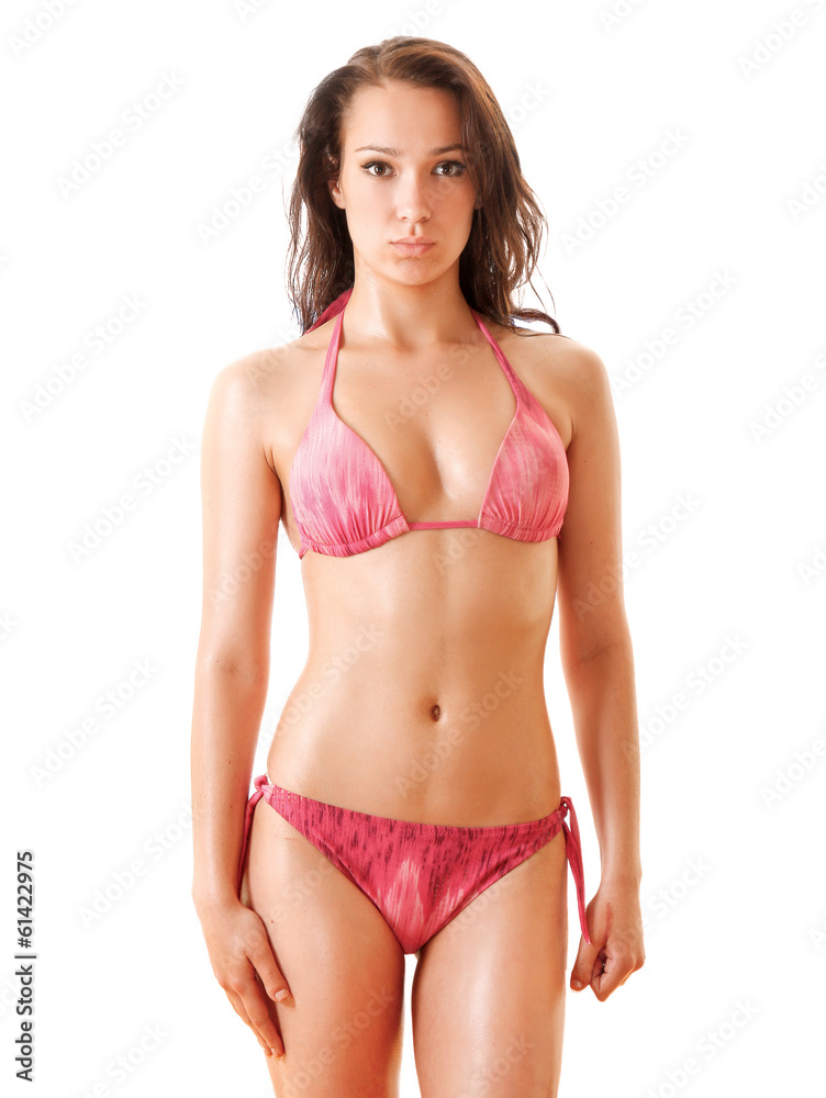 A portrait of beautiful smiling woman in white swimsuit A portrait of beautiful smiling woman in white swimsuit