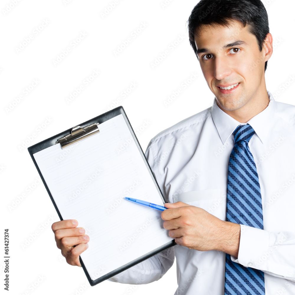 Businessman showing clipboard, isolated on white