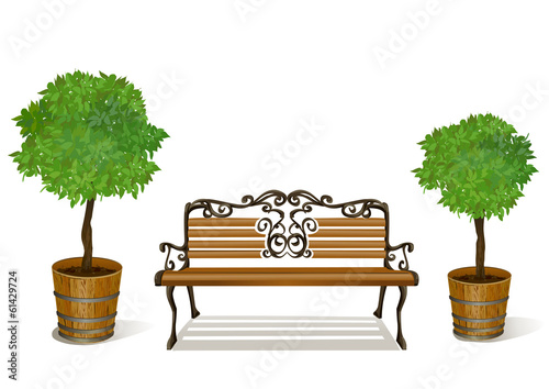 bench and trees in pots isolated