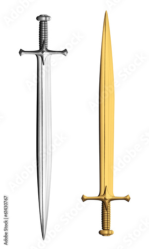Gold and silver metal swords isolated on white
