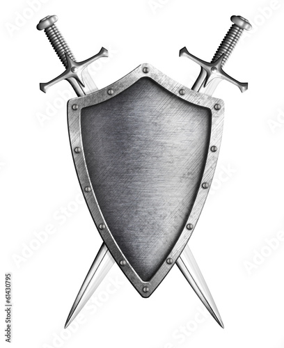 aged metal shield with two ...