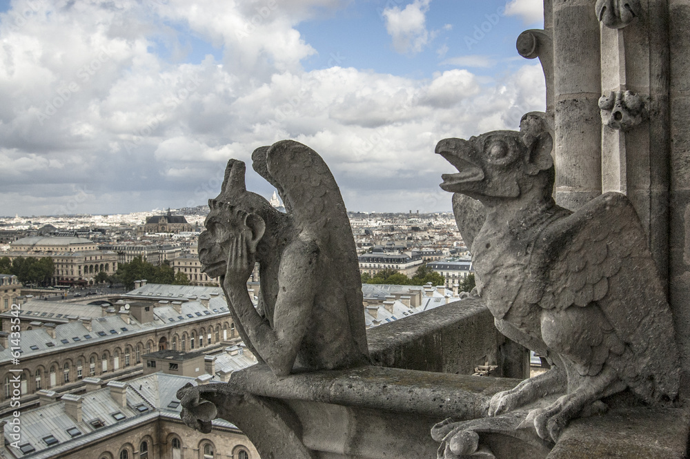 stone guards chimere of Notre-Dame overlooking Paris