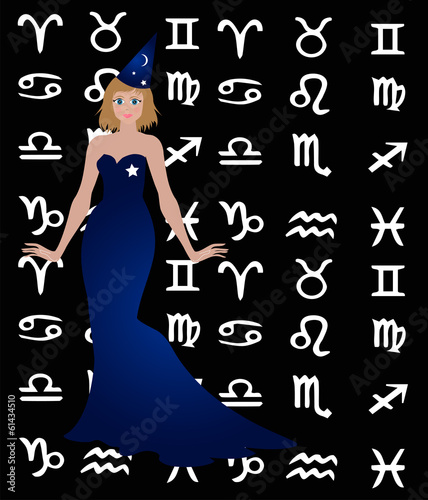 illustrazione di astrologo con simboli dei segni zodiacali