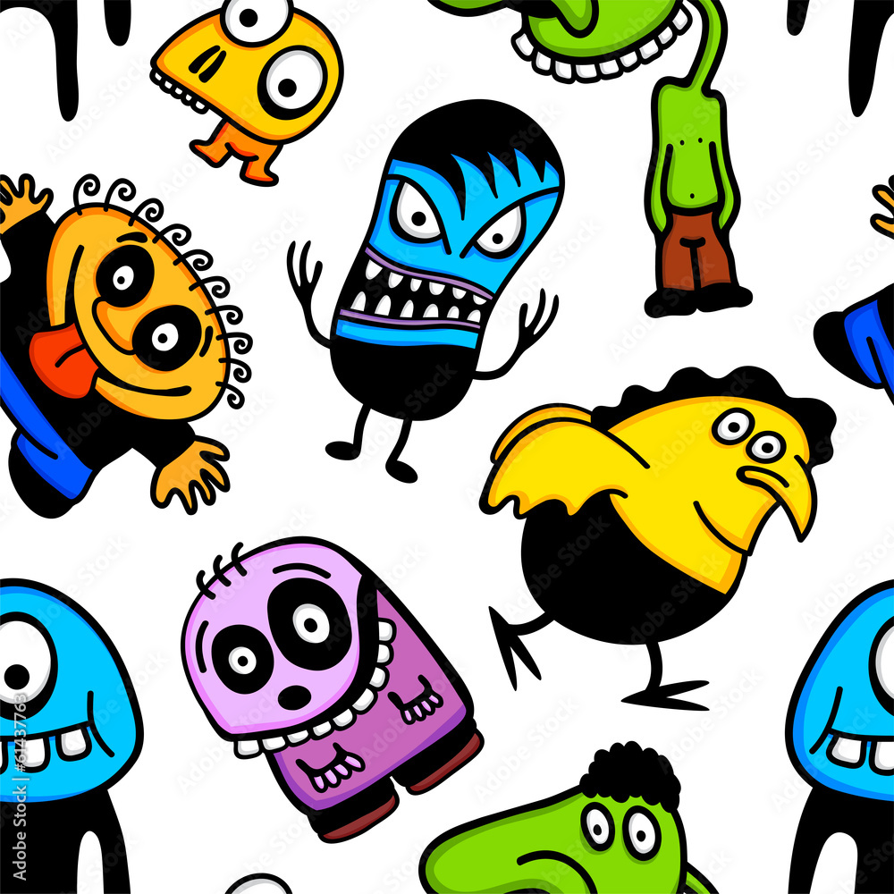 Funny cartoon monsters seamless pattern. Funny cartoon monsters seamless pattern.