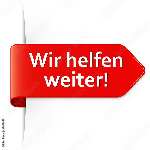 Langer roter Sticker Pfeil – Wir helfen weiter!